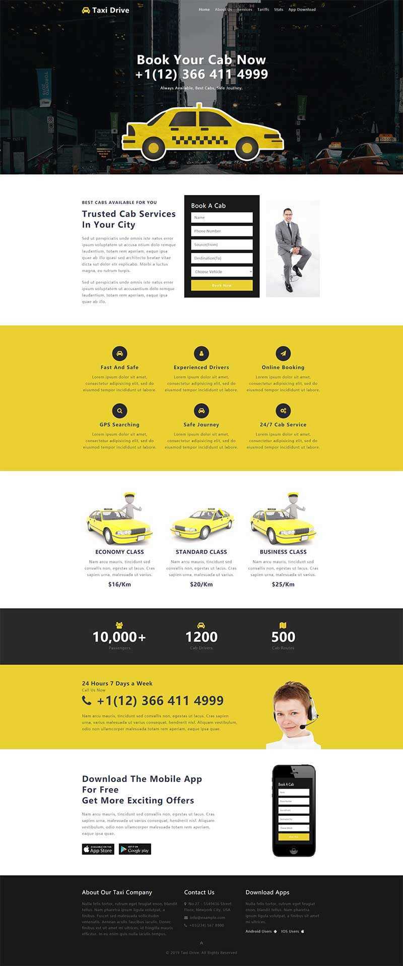 黄色出租车服务网站单页响应式网页html模板 - 源空间