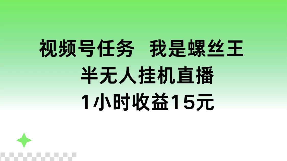 视频号任务，我是螺丝王， 半无人挂机1小时收益15元 - 源空间