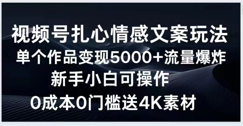 视频号扎心情感文案玩法，单个作品变现5000+，流量爆炸，两分钟一条作品，新手小白可操作，0成本0门褴送4K素材送工具 - 源空间