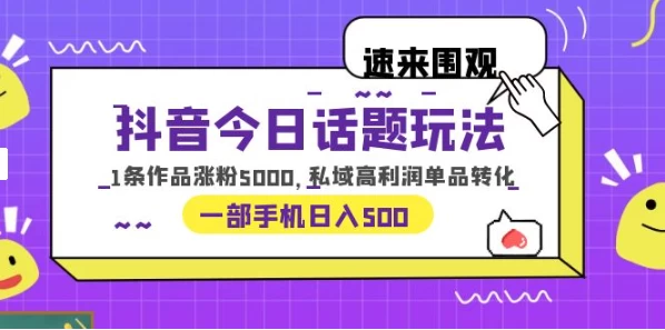 一部手机轻松实现日入 500，抖音今日话题玩法，1条作品涨粉 5000，私域高利润单品转化 - 源空间