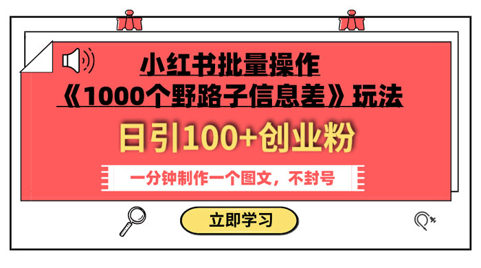 小红书批量操作《 1000 个野路子信息差》玩法，日引 100+ 创业粉，一分钟一个图文 - 源空间