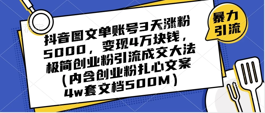 抖音图文单账号 3 天涨粉 5000，变现 4 W，极简创业粉引流成交大法（内含扎心文案） - 源空间