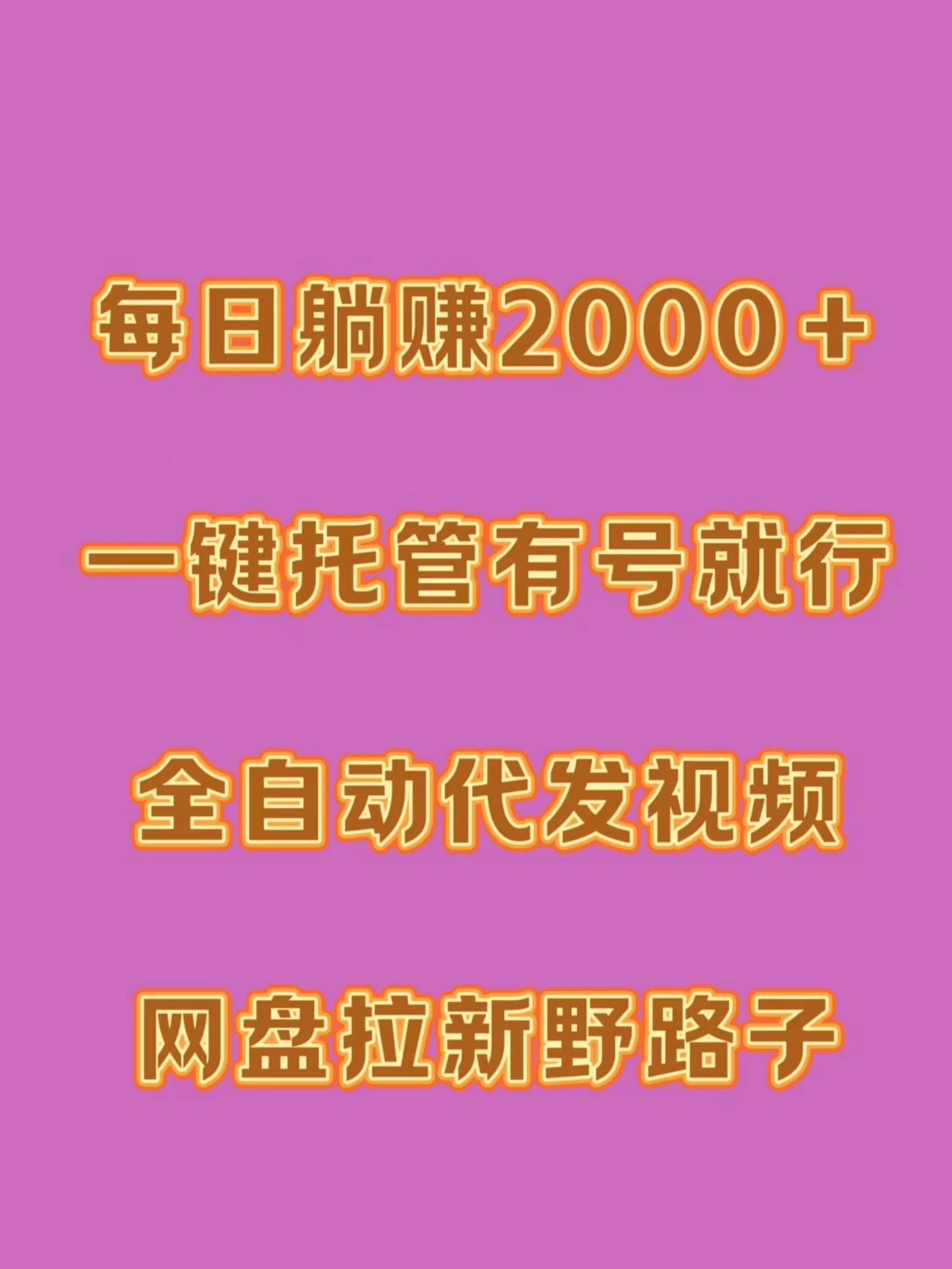 每日躺赚2000＋，一键托管有号就行，全自动代发视频，网盘拉新野路子 - 源空间