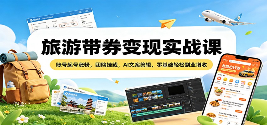 旅游带券变现实战课：账号起号涨粉，团购挂载，AI文案剪辑，零基础轻松副业增收 - 源空间