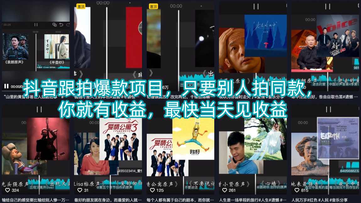 抖音跟拍爆款项目，只要别人拍同款，你就有收益，最快当天见收益 - 源空间